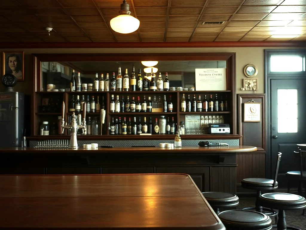 The back bar of an old tavern on a quiet afternoon, beer taps on a worn wooden counter, bottles on shelving in front of a mirrored back, empty stools.