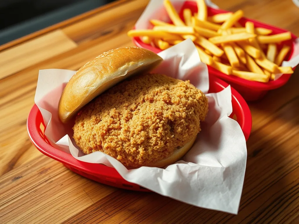 A breaded pork tenderloin much wider than its bun sitting in a red plastic basket lined with paper, a basket of fries beside it on a wooden bar top.