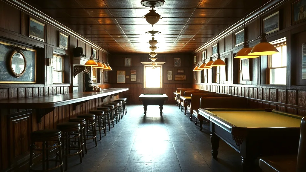 The long room of an old tavern, a wooden bar and stools down one side, booths down the other, pool tables at the back under hanging lamps.
