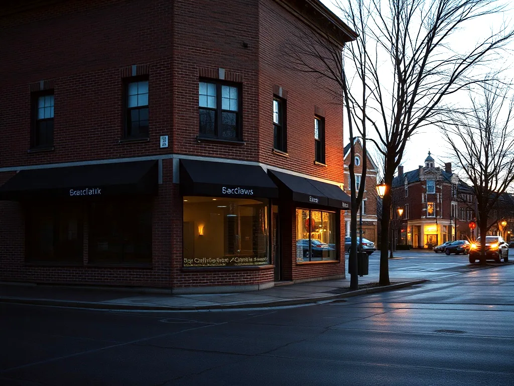 A plain brick corner building on an empty small town square at dusk, dark awnings over the windows and warm light inside, wet street.